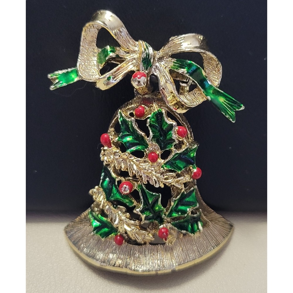Vintage Gerry's Signed Christmas Holiday Bell Gold Tone Red Green Bow Brooch Pin